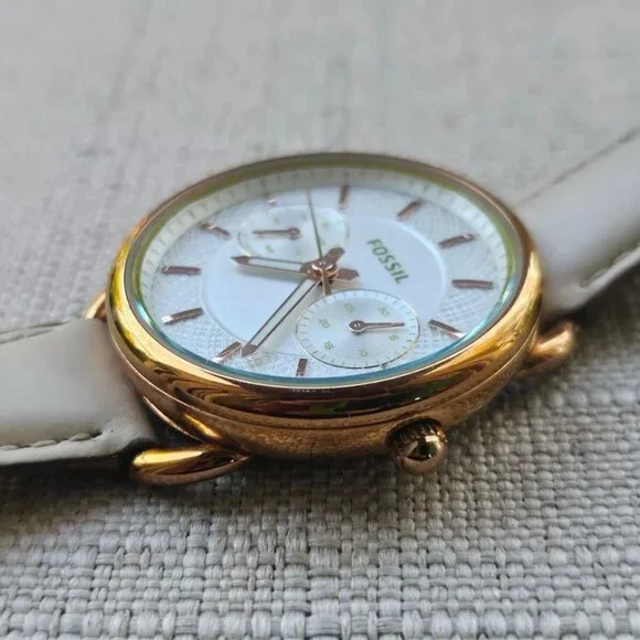 Fossil Women Wristwatch Multifunction Cream Leather Band Gold Tone Case Watch - Picture 7 of 12